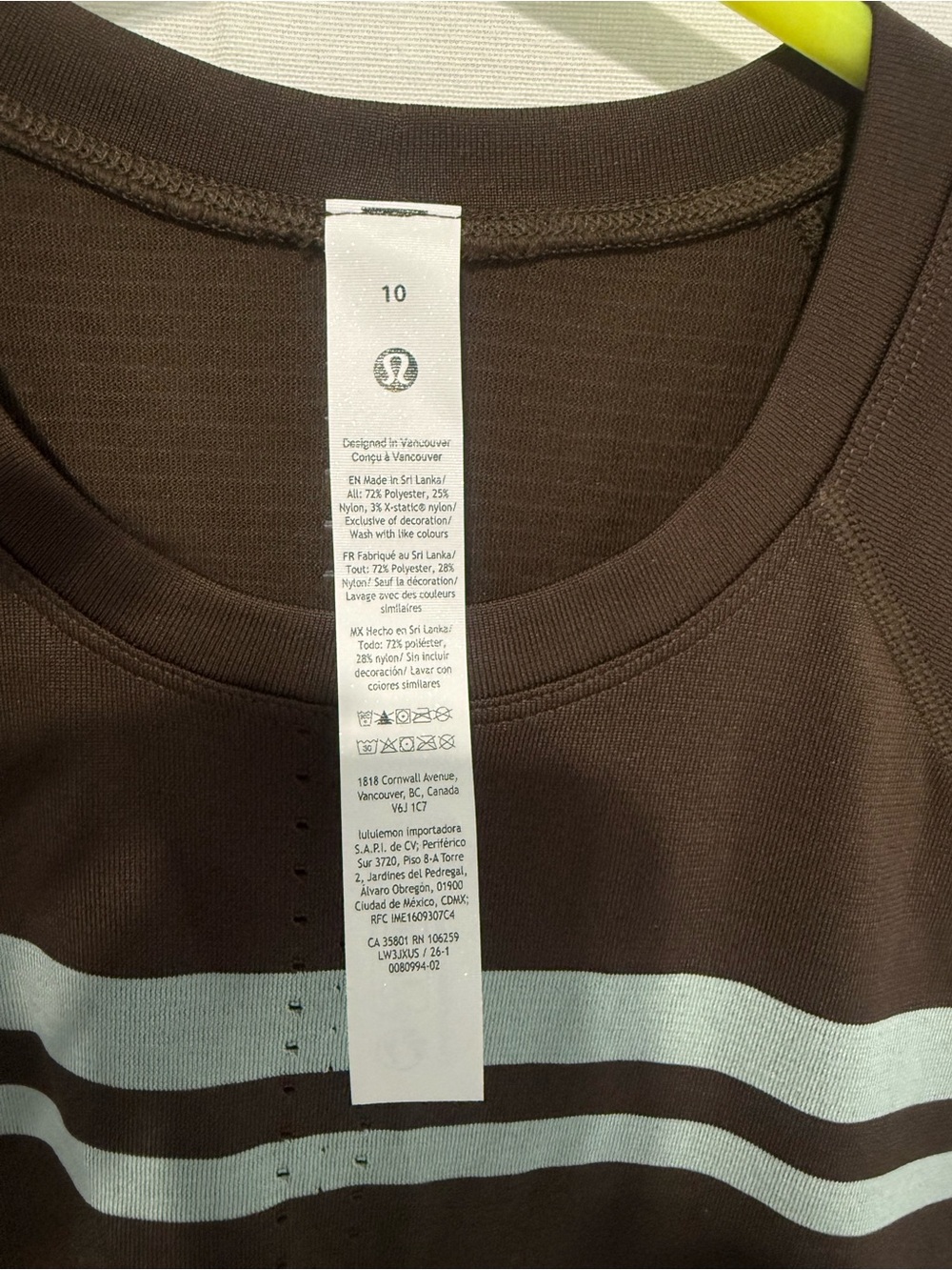 NWT Lululemon Swiftly Brown Crop Tee with Light Blue Stripes Size 10 - Picture 3 of 4